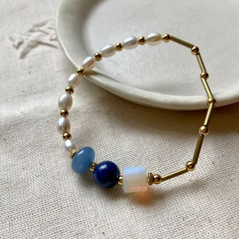 老林雜貨 | 天然石黃銅手鍊 蛋白石/藍砂石/海藍寶
