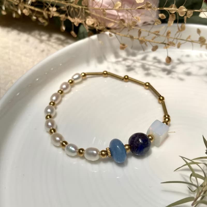老林雜貨 | 天然石黃銅手鍊 蛋白石/藍砂石/海藍寶