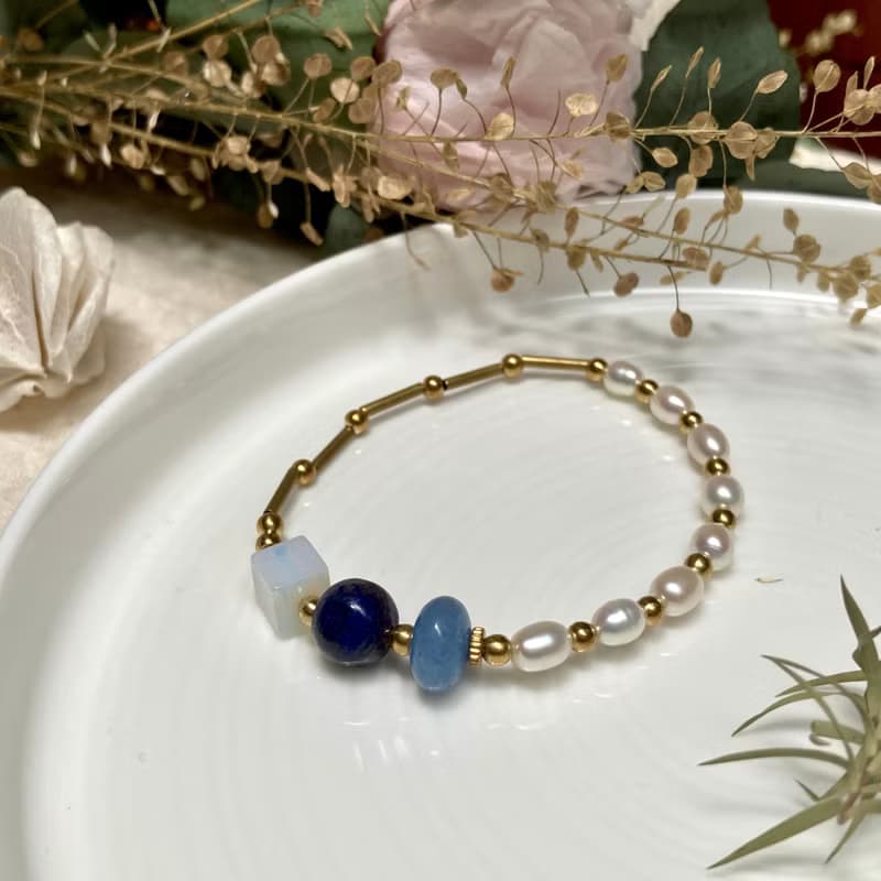 老林雜貨 | 天然石黃銅手鍊 蛋白石/藍砂石/海藍寶