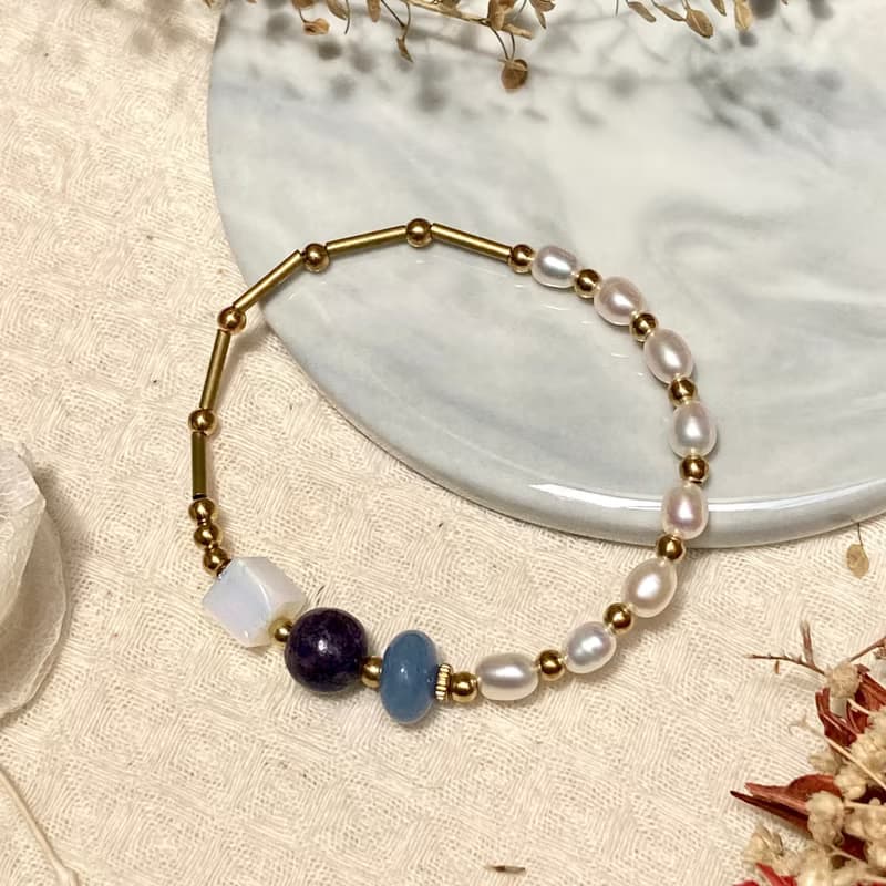 老林雜貨 | 天然石黃銅手鍊 蛋白石/藍砂石/海藍寶