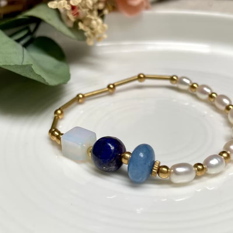 老林雜貨 | 天然石黃銅手鍊 蛋白石/藍砂石/海藍寶