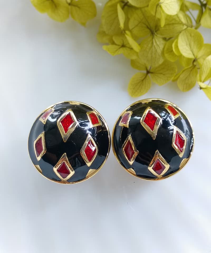 Vintage Jewelry 西洋古董飾品 幾何 黑底摩登琺瑯  夾式耳環