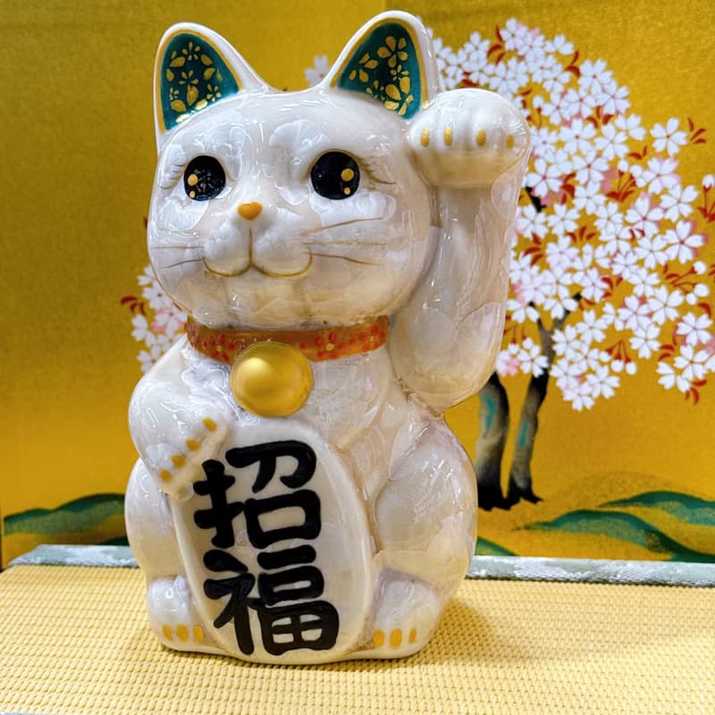 【福杏綻華】日本清水燒招財貓 | 花結晶 杏 - 億万両 左 中號