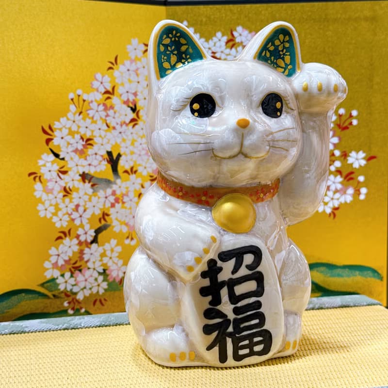 【福杏綻華】日本清水燒招財貓 | 花結晶 杏 - 億万両 左 中號