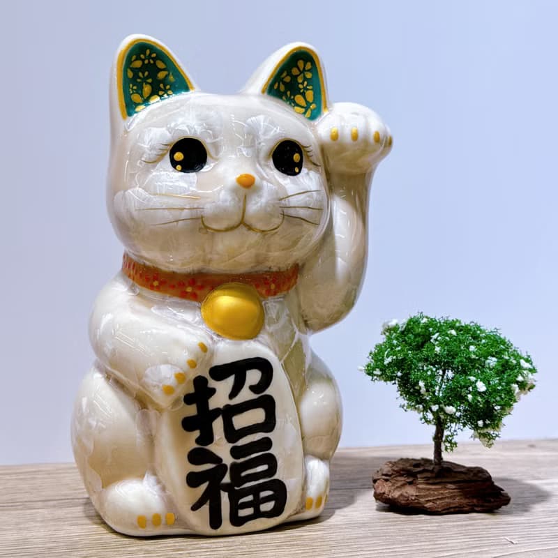 【福杏綻華】日本清水燒招財貓 | 花結晶 杏 - 億万両 左 中號