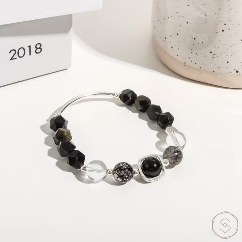 亞勒斯 | 金曜石 黑髮晶 白水晶 S925純銀 | 男款水晶手鍊