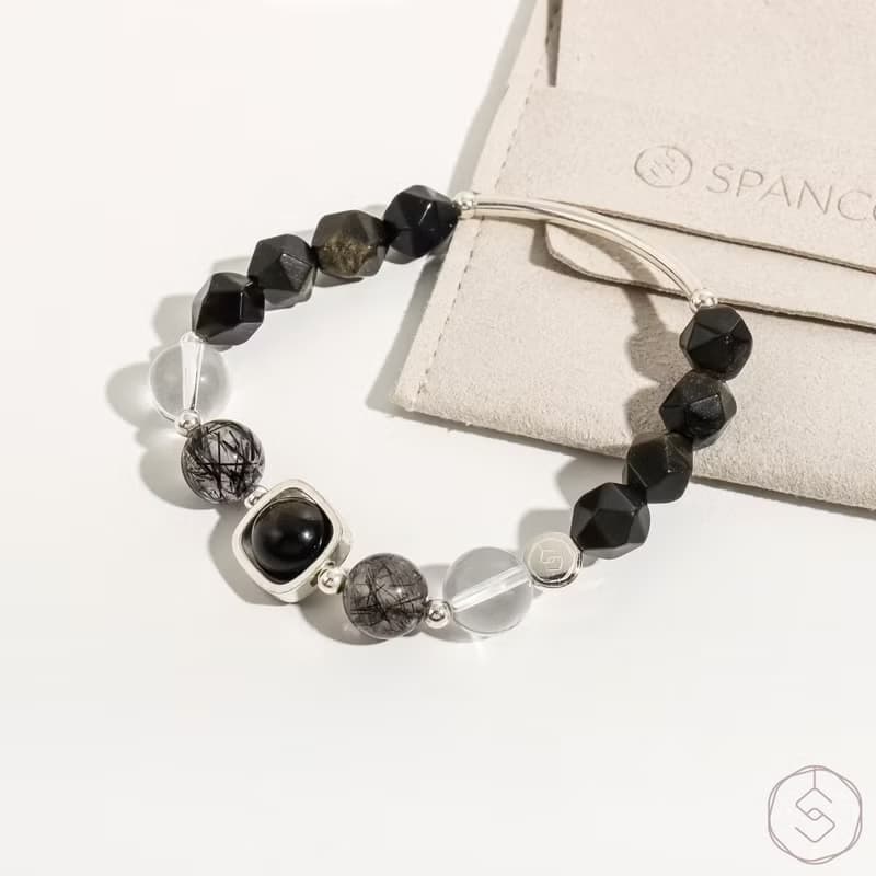 亞勒斯 | 金曜石 黑髮晶 白水晶 S925純銀 | 男款水晶手鍊