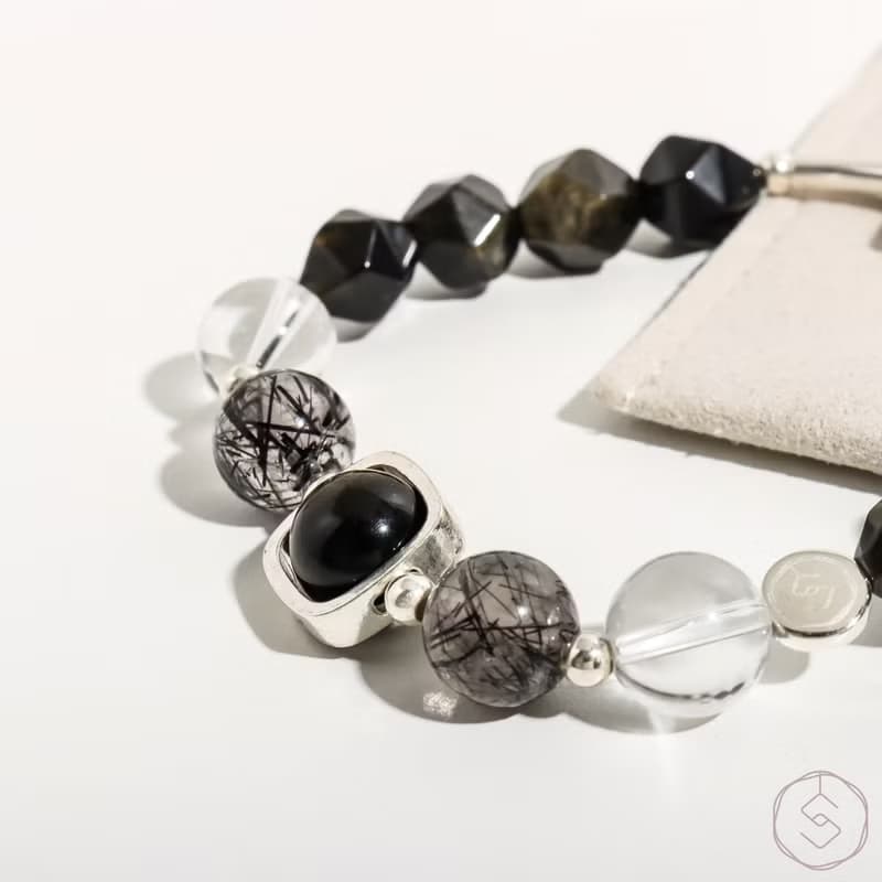 亞勒斯 | 金曜石 黑髮晶 白水晶 S925純銀 | 男款水晶手鍊