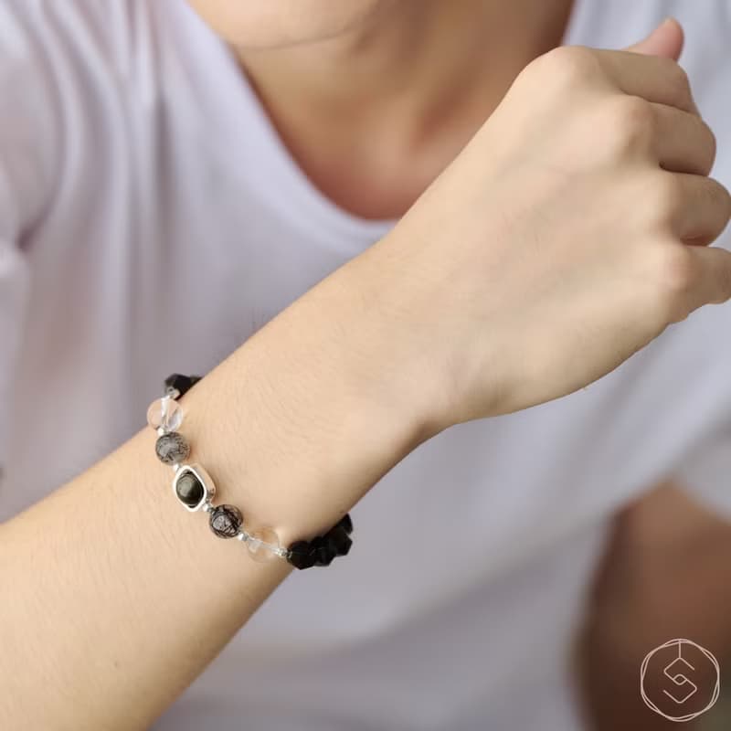 亞勒斯 | 金曜石 黑髮晶 白水晶 S925純銀 | 男款水晶手鍊