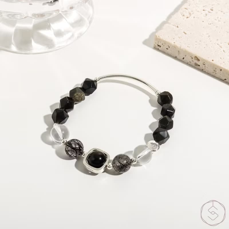 亞勒斯 | 金曜石 黑髮晶 白水晶 S925純銀 | 男款水晶手鍊