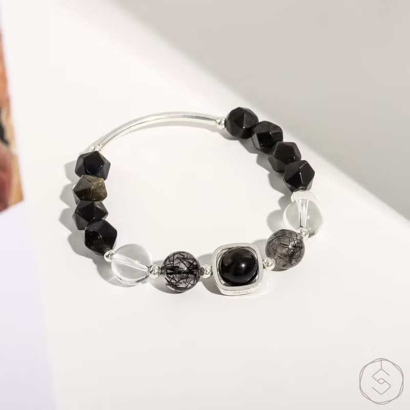 亞勒斯 | 金曜石 黑髮晶 白水晶 S925純銀 | 男款水晶手鍊
