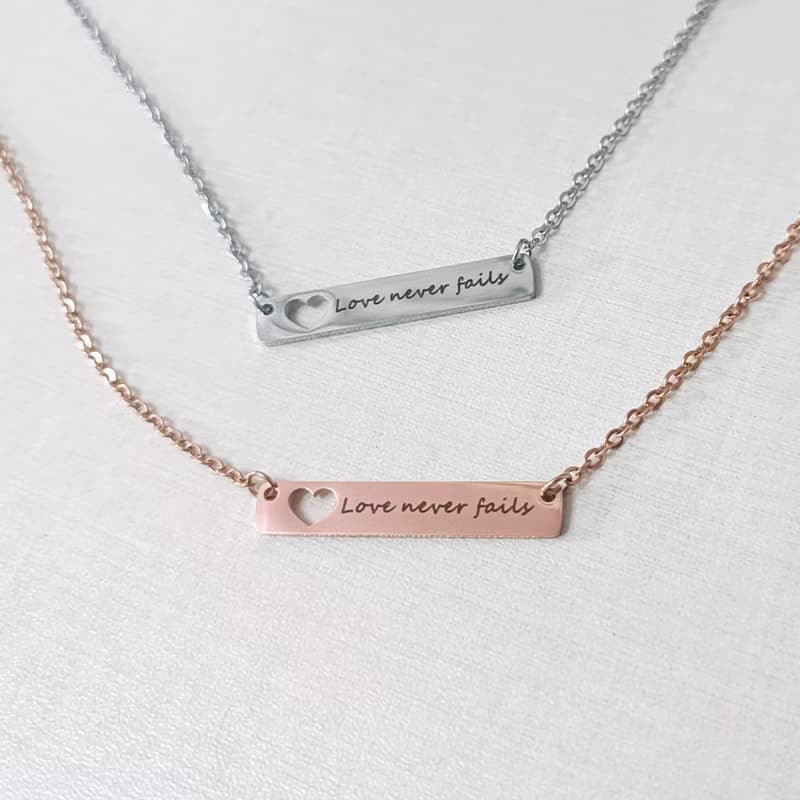 愛永不失敗Love never fails鈦鋼鏤空愛心銀玫瑰金項鍊/福音飾品