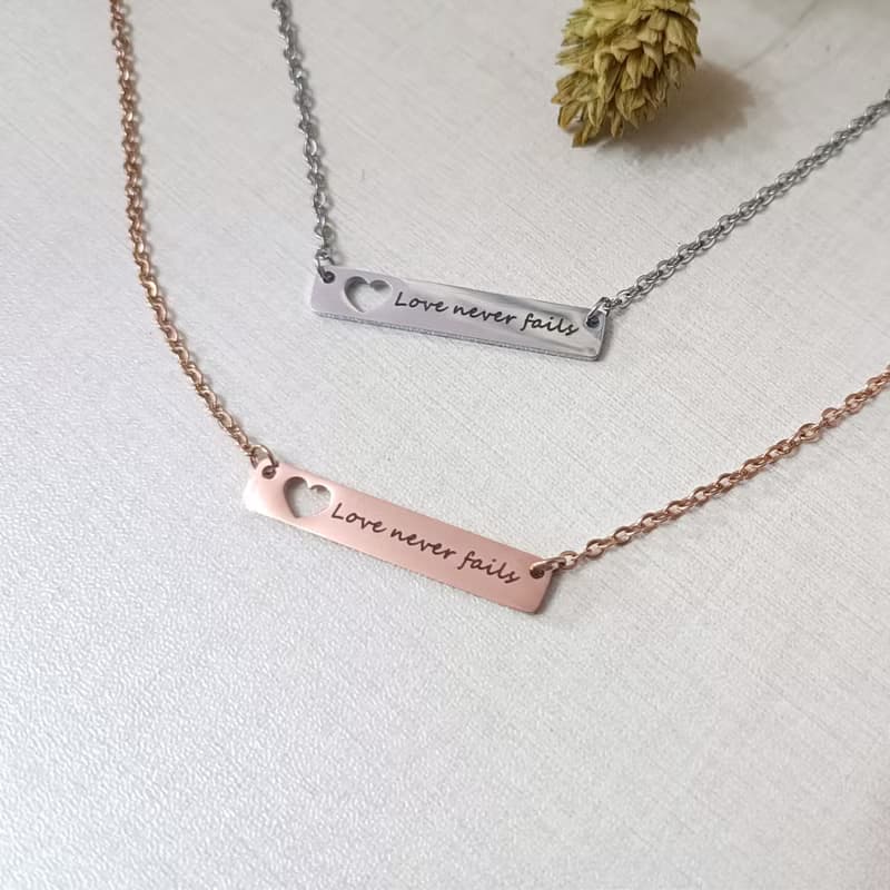 愛永不失敗Love never fails鈦鋼鏤空愛心銀玫瑰金項鍊/福音飾品