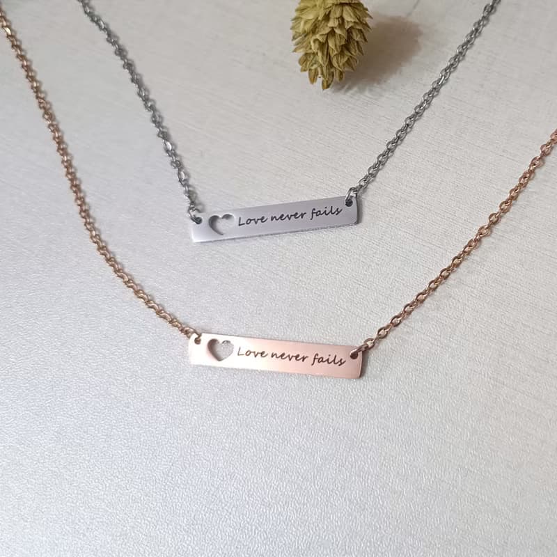 愛永不失敗Love never fails鈦鋼鏤空愛心銀玫瑰金項鍊/福音飾品