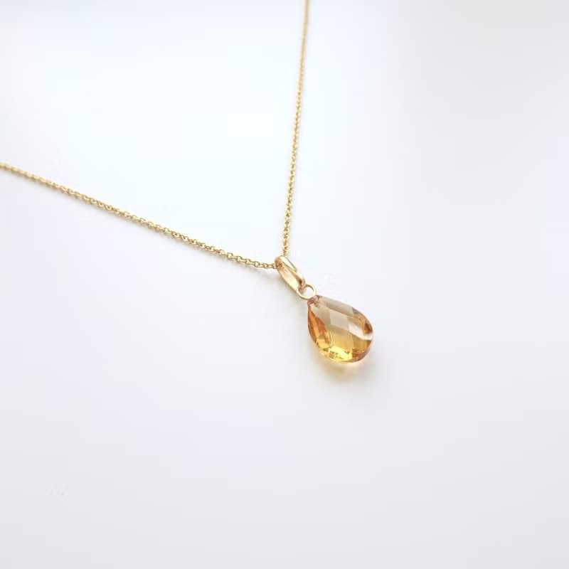 天然黃水晶 扁水滴形切割 古董純 14K 金墜 | 搭配 14KGF 包金鍊