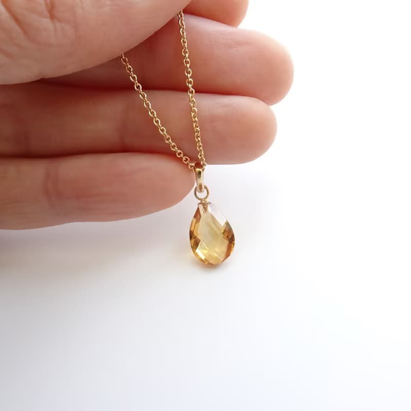 天然黃水晶 扁水滴形切割 古董純 14K 金墜 | 搭配 14KGF 包金鍊
