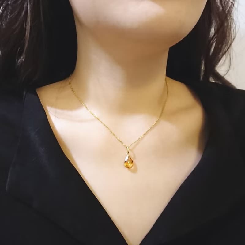 天然黃水晶 扁水滴形切割 古董純 14K 金墜 | 搭配 14KGF 包金鍊