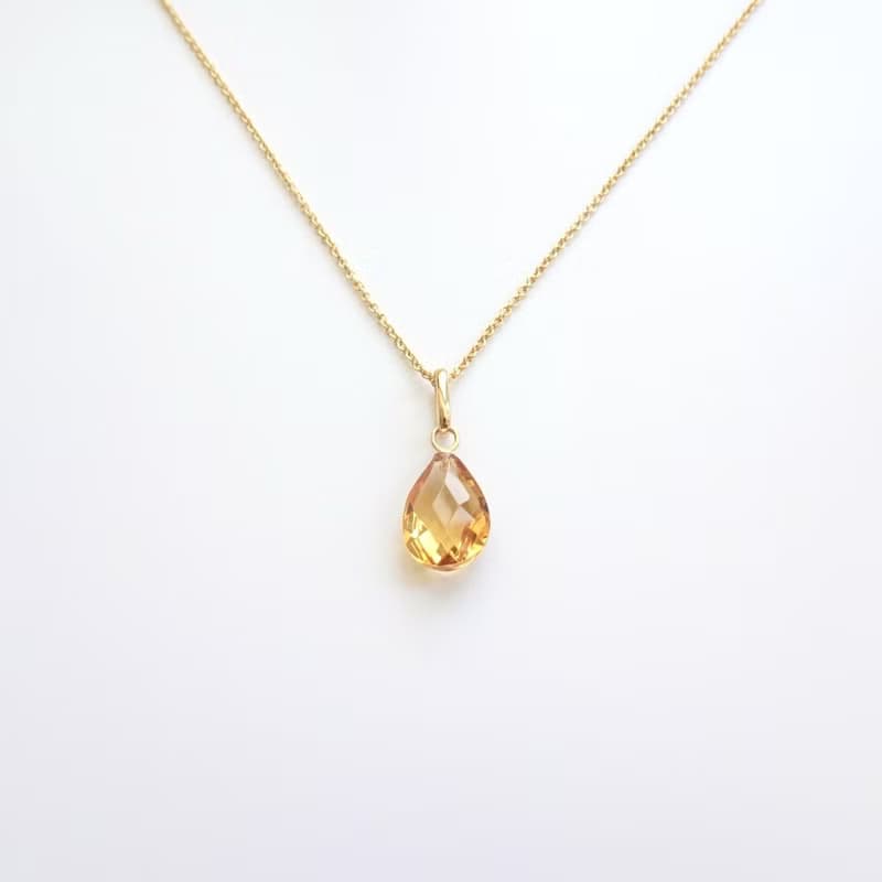 天然黃水晶 扁水滴形切割 古董純 14K 金墜 | 搭配 14KGF 包金鍊
