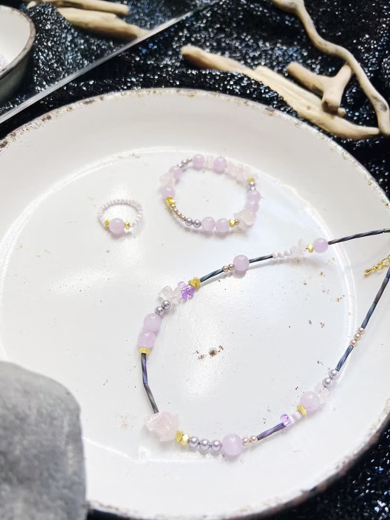 優雅溫柔知性少女 紫鋰輝x粉晶 18k 原創手作小眾 串珠項鍊