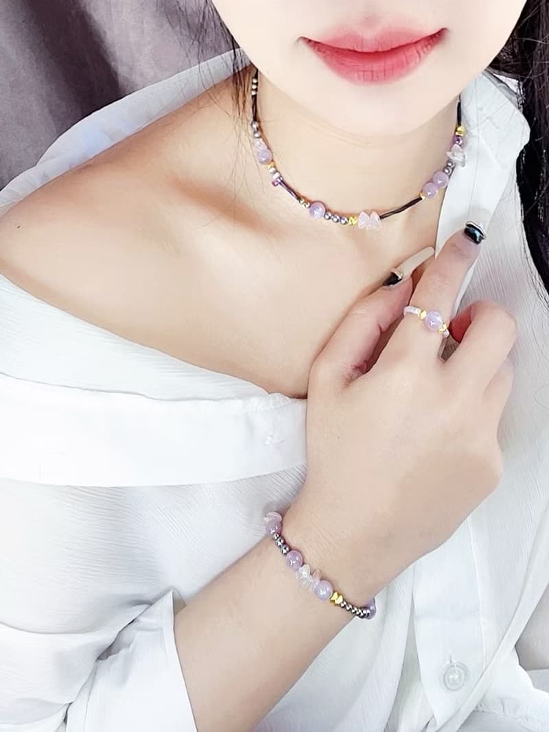 優雅溫柔知性少女 紫鋰輝x粉晶 18k 原創手作小眾 串珠項鍊