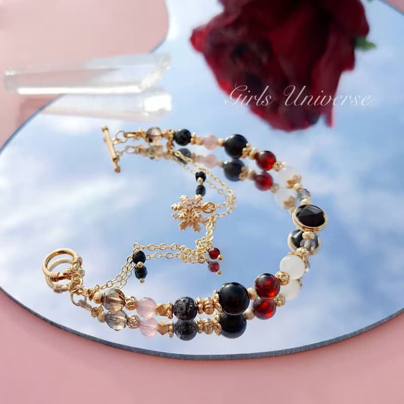 顛倒春風。黑髮晶 橙石榴石 黑曜石 14K包金 水晶礦石設計手鍊