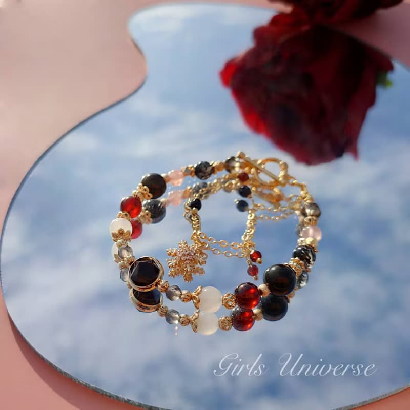 顛倒春風。黑髮晶 橙石榴石 黑曜石 14K包金 水晶礦石設計手鍊