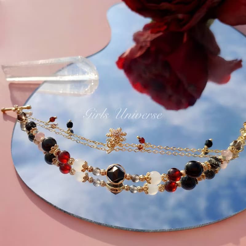 顛倒春風。黑髮晶 橙石榴石 黑曜石 14K包金 水晶礦石設計手鍊