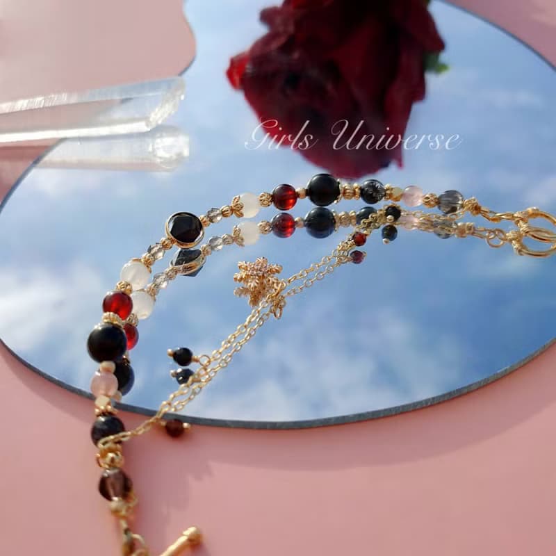 顛倒春風。黑髮晶 橙石榴石 黑曜石 14K包金 水晶礦石設計手鍊