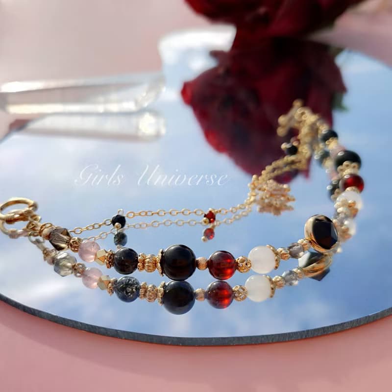 顛倒春風。黑髮晶 橙石榴石 黑曜石 14K包金 水晶礦石設計手鍊