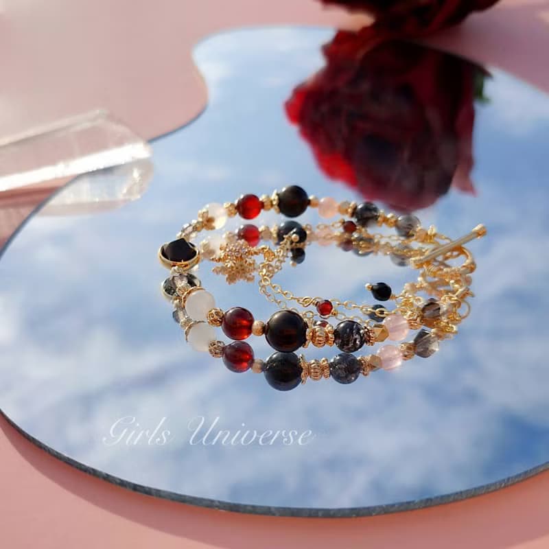 顛倒春風。黑髮晶 橙石榴石 黑曜石 14K包金 水晶礦石設計手鍊