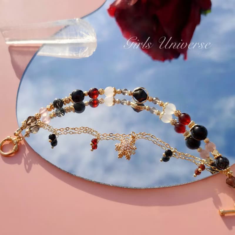 顛倒春風。黑髮晶 橙石榴石 黑曜石 14K包金 水晶礦石設計手鍊