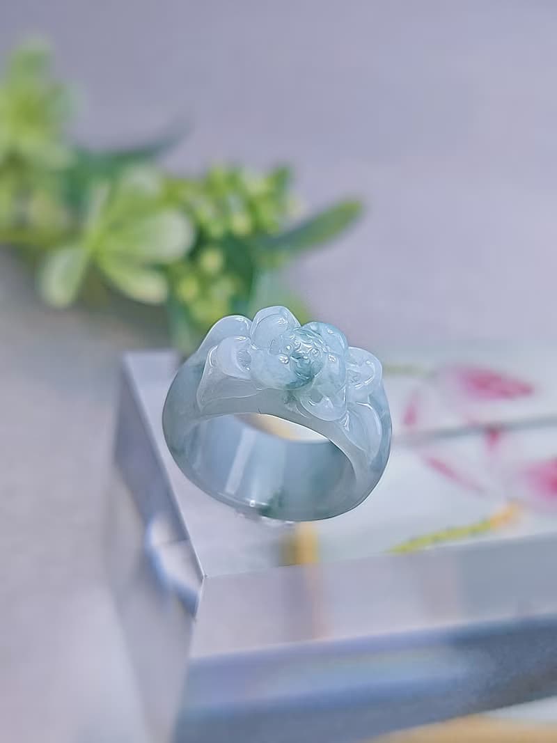 招財|立體細糯冰藍蓮花寬版戒圈|緬甸A貨翡翠戒指#12