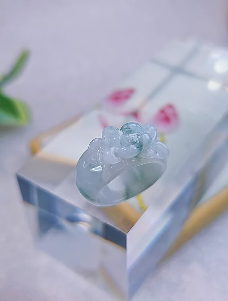 招財|立體細糯冰藍蓮花寬版戒圈|緬甸A貨翡翠戒指#12