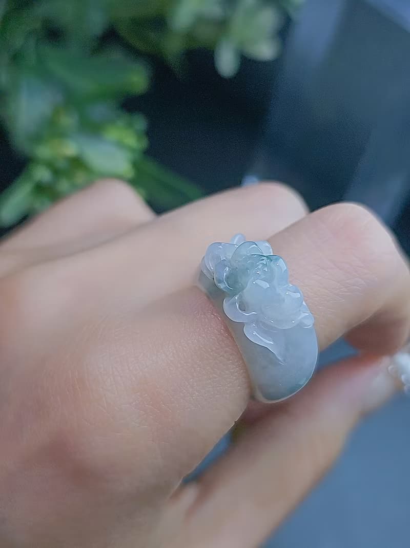招財|立體細糯冰藍蓮花寬版戒圈|緬甸A貨翡翠戒指#12