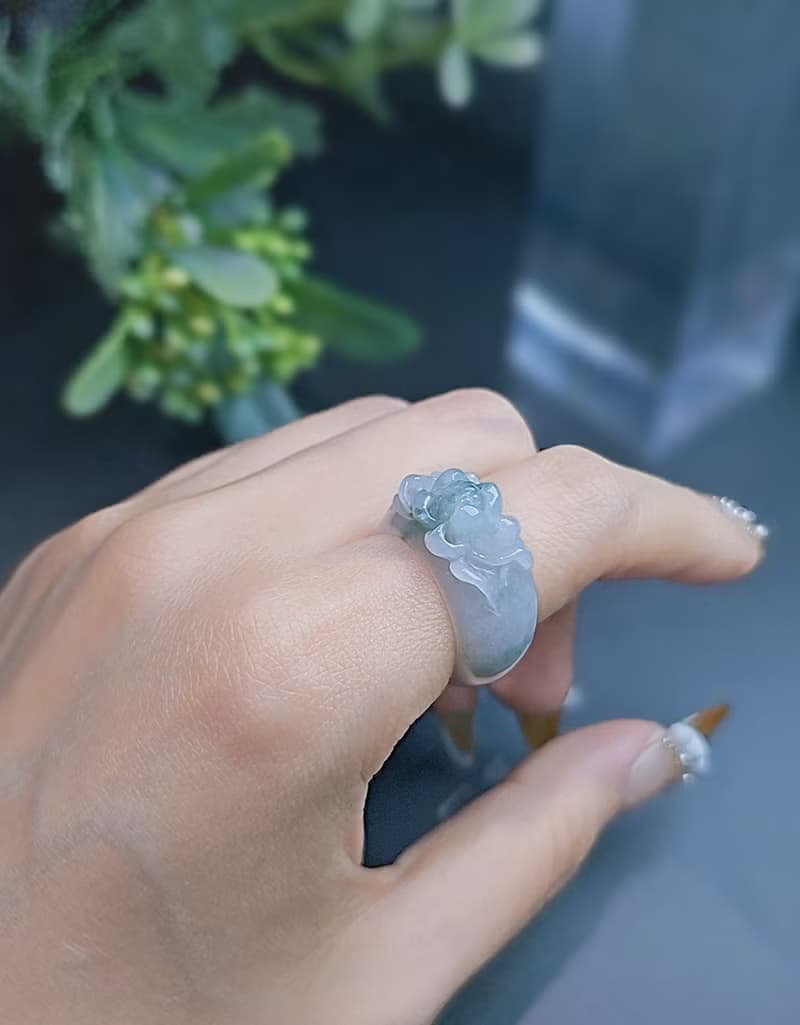 招財|立體細糯冰藍蓮花寬版戒圈|緬甸A貨翡翠戒指#12