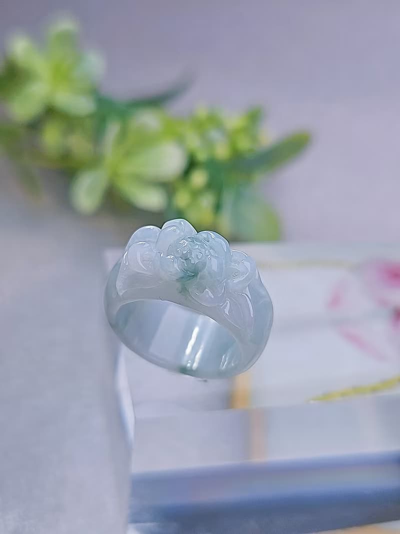 招財|立體細糯冰藍蓮花寬版戒圈|緬甸A貨翡翠戒指#12