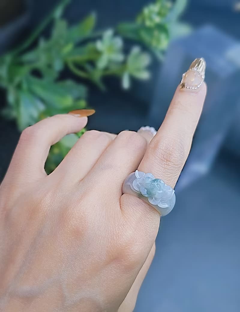 招財|立體細糯冰藍蓮花寬版戒圈|緬甸A貨翡翠戒指#12