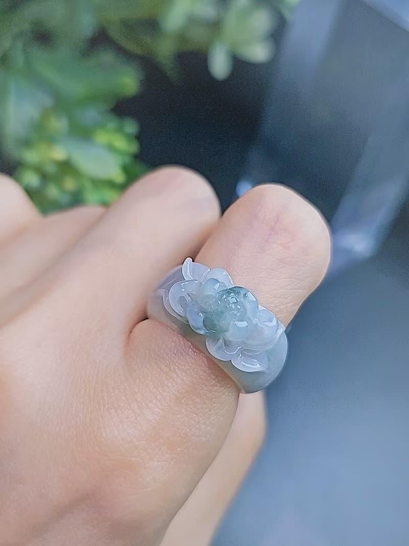招財|立體細糯冰藍蓮花寬版戒圈|緬甸A貨翡翠戒指#12