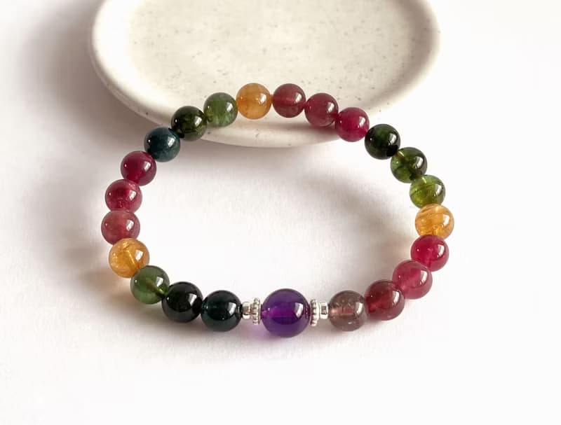 寶石系 天然礦石 濃彩碧璽7.8 烏拉圭紫水晶 925純銀 手鍊