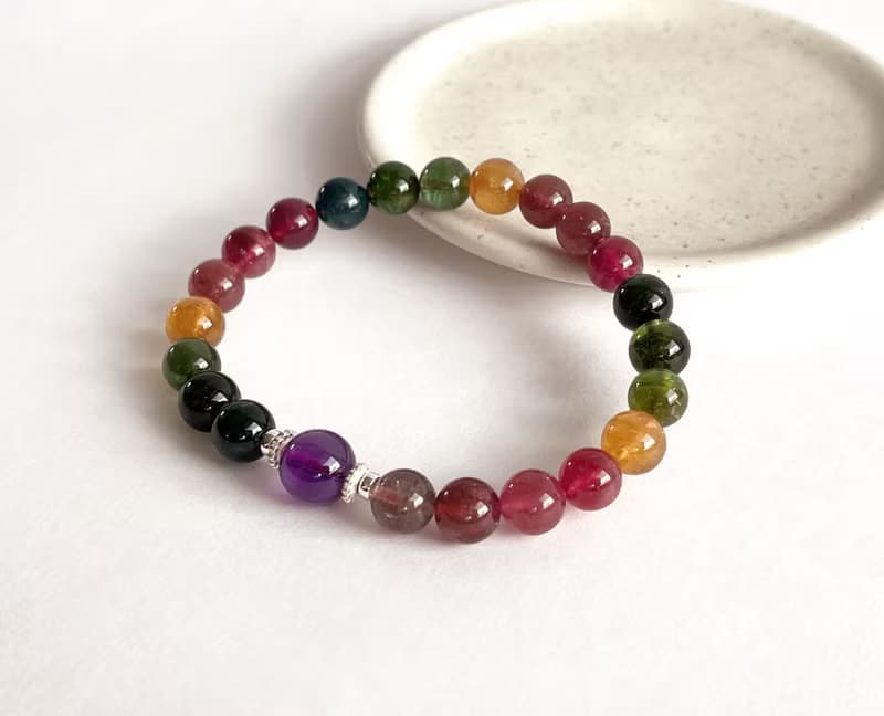 寶石系 天然礦石 濃彩碧璽7.8 烏拉圭紫水晶 925純銀 手鍊