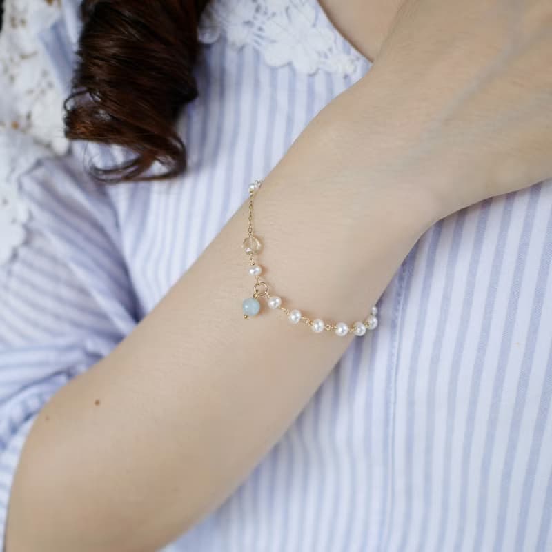 │14kgf輕珠寶│珍珠海藍寶水晶手鍊