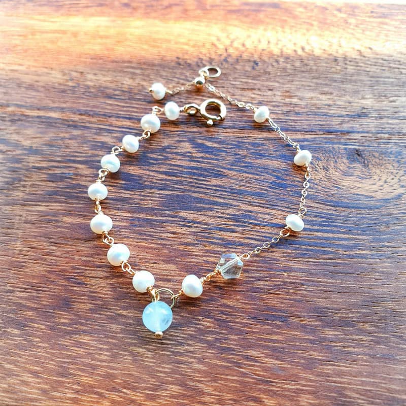 │14kgf輕珠寶│珍珠海藍寶水晶手鍊