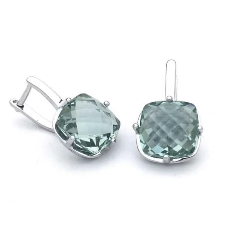 Green Amethyst Earrings, Natural Green Amethyst Drop Earrings, Cushion Cut Stone