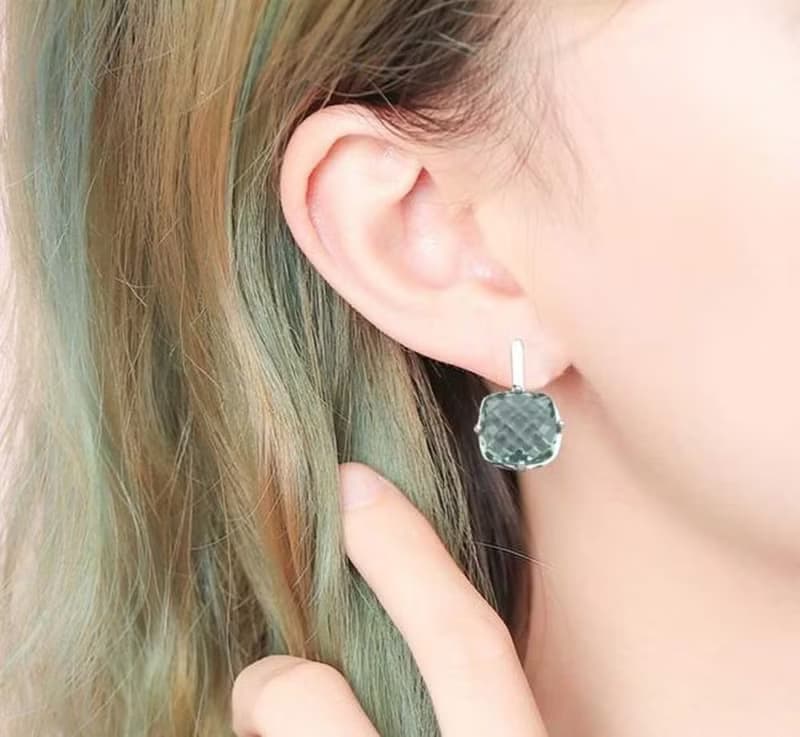 Green Amethyst Earrings, Natural Green Amethyst Drop Earrings, Cushion Cut Stone