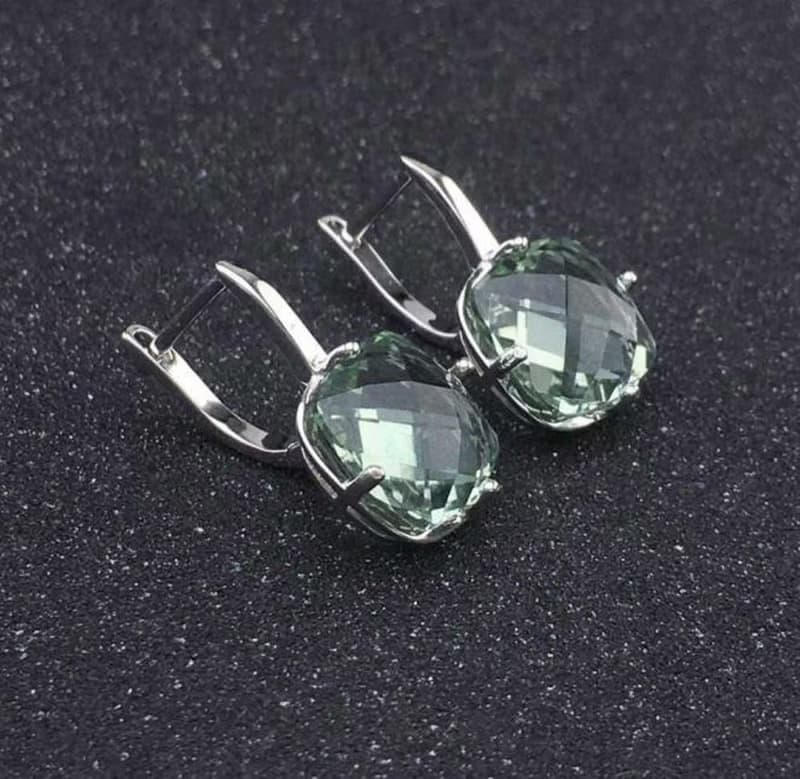 Green Amethyst Earrings, Natural Green Amethyst Drop Earrings, Cushion Cut Stone
