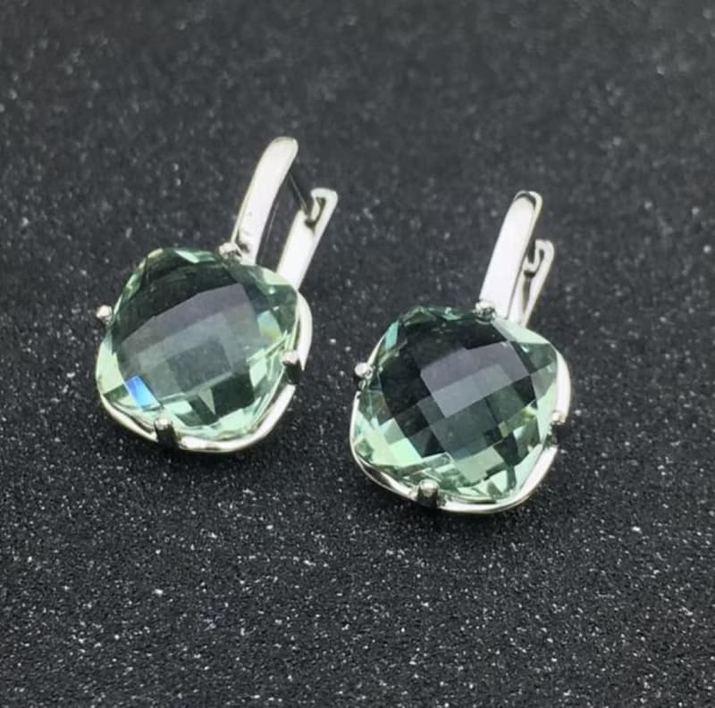 Green Amethyst Earrings, Natural Green Amethyst Drop Earrings, Cushion Cut Stone