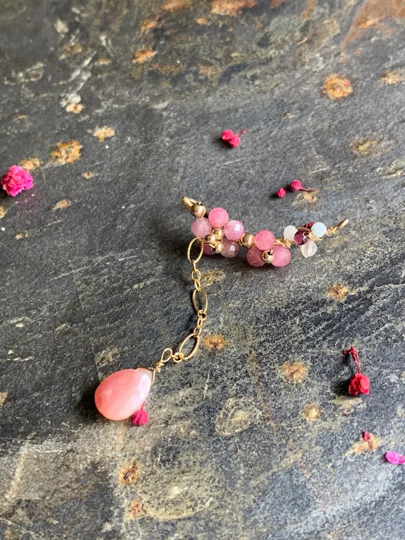 【母親節禮物】花見櫻花 天然粉紅碧璽 粉紅奧寶 單邊14KGF無痛耳