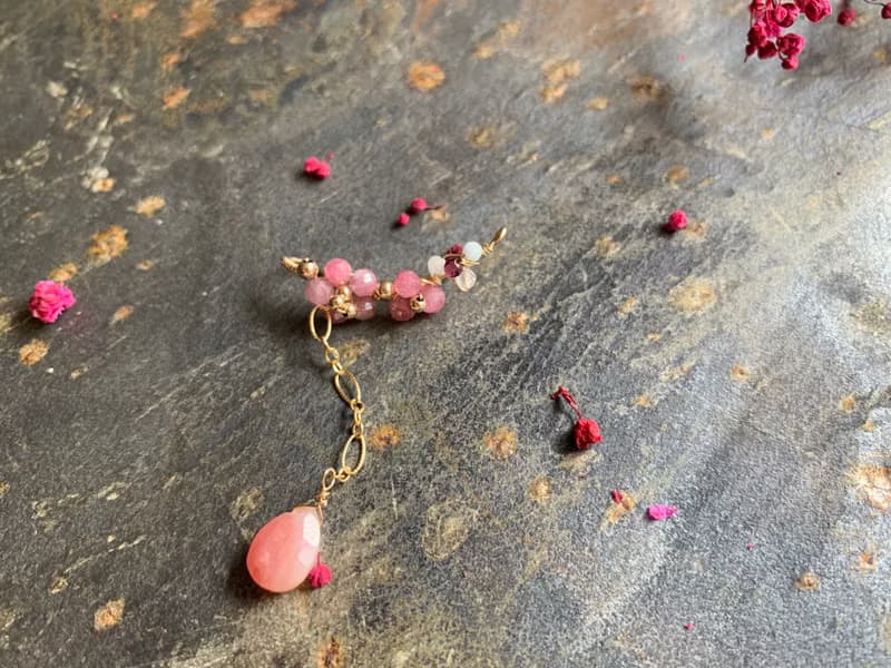 【母親節禮物】花見櫻花 天然粉紅碧璽 粉紅奧寶 單邊14KGF無痛耳
