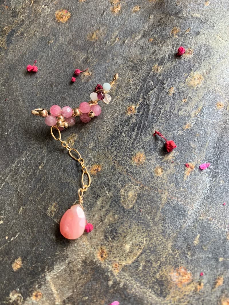 【母親節禮物】花見櫻花 天然粉紅碧璽 粉紅奧寶 單邊14KGF無痛耳