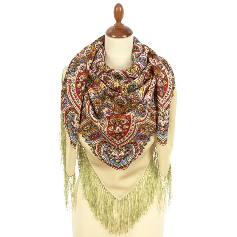 Pavlovo Posad Russian Shawl 100% Wool Scarf 125x125 cm Wrap Silk Fringe 1936-2